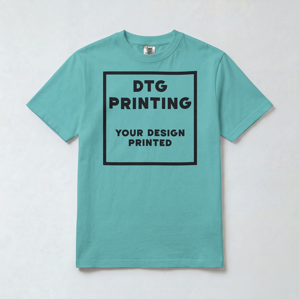 Custom Comfort Colors 1717 t-shirt in Chalky Mint with a sample black-ink DTG print