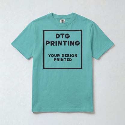 Custom Comfort Colors 1717 t-shirt in Chalky Mint with a sample black-ink DTG print