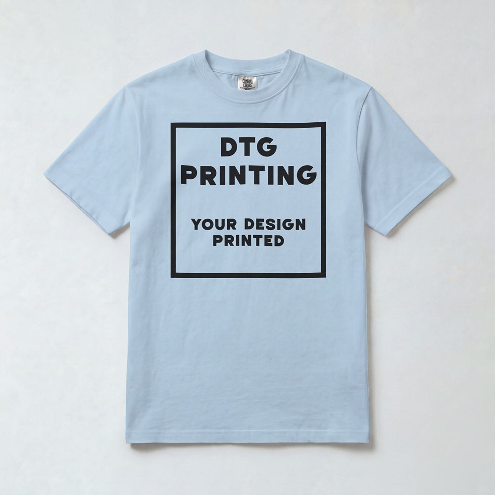 Custom Comfort Colors 1717 t-shirt in Chambray with a sample black-ink DTG print