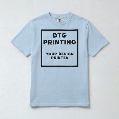 Custom Comfort Colors 1717 t-shirt in Chambray with a sample black-ink DTG print