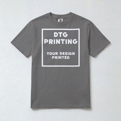 Custom Comfort Colors 1717 t-shirt in Grey with a sample white-ink DTG print