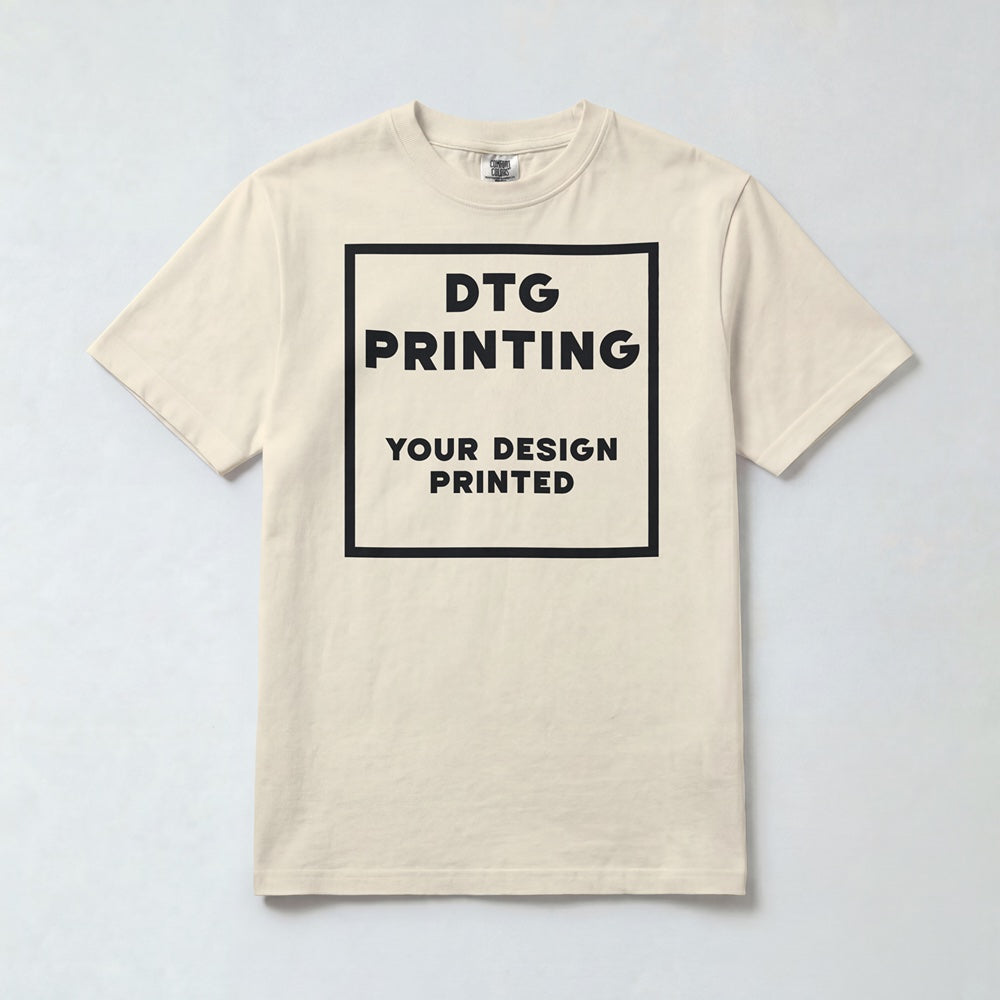Custom Comfort Colors 1717 t-shirt in Ivory with a sample black-ink DTG print