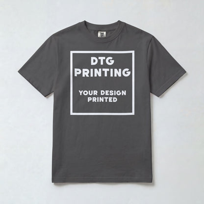 Custom Comfort Colors 1717 t-shirt in Pepper with a sample white-ink DTG print