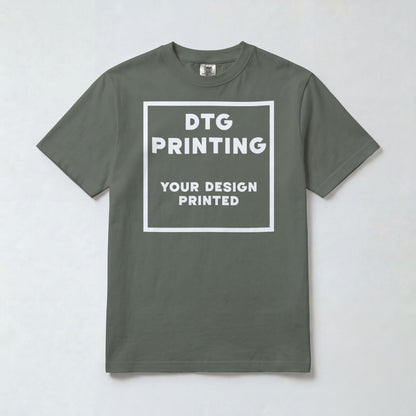 Custom Comfort Colors 1717 t-shirt in Sage with a sample white-ink DTG print