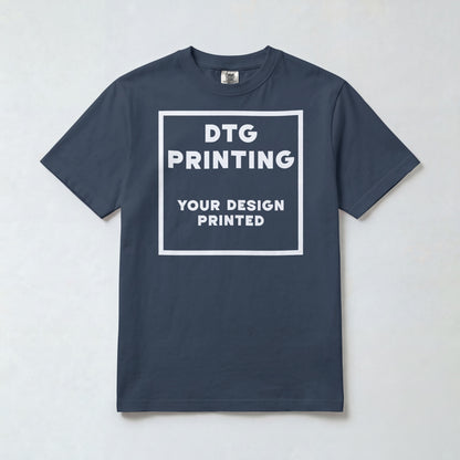 Custom Comfort Colors 1717 t-shirt in True Navy with a sample white-ink DTG print