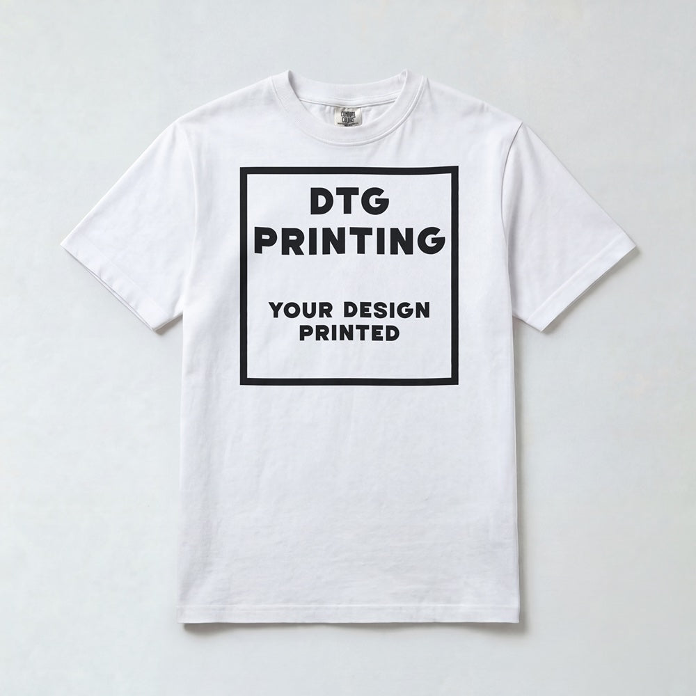Custom Comfort Colors 1717 t-shirt in White with a sample black-ink DTG print