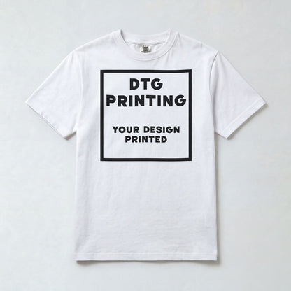 Custom Comfort Colors 1717 t-shirt in White with a sample black-ink DTG print