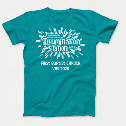 Illumination Station VBS Shirts - Geometric Logo - Adult Shirts Bright Aqua - Polkabean
