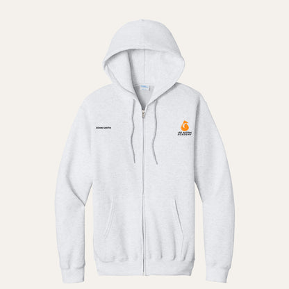 Ash adult full-zip hoodie with the orange Lee Autism Academy fox logo on the left chest and a custom name on the right chest