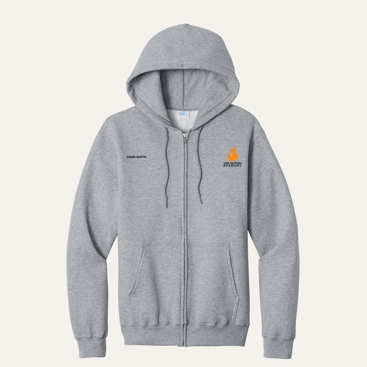 Athletic Heather adult full-zip hoodie with the orange Lee Autism Academy fox logo on the left chest and a custom name on the right chest