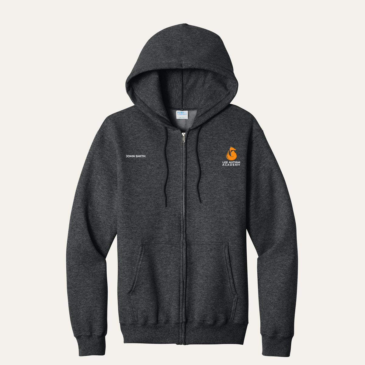Black Heather adult full-zip hoodie with the orange Lee Autism Academy fox logo on the left chest and a custom name on the right chest