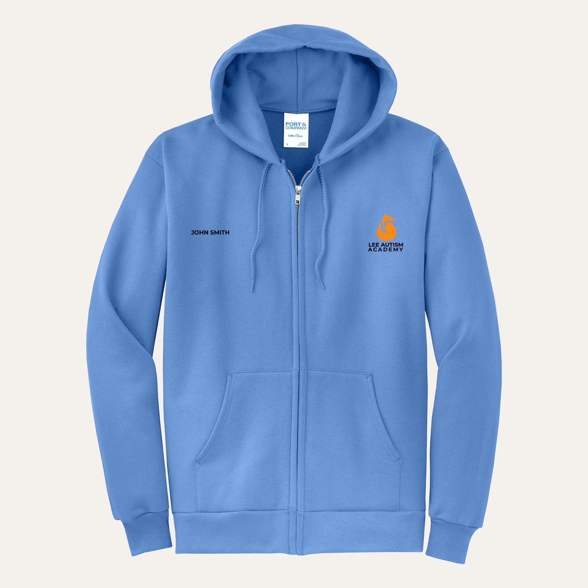 Carolina Blue adult full-zip hoodie with the orange Lee Autism Academy fox logo on the left chest and a custom name on the right chest