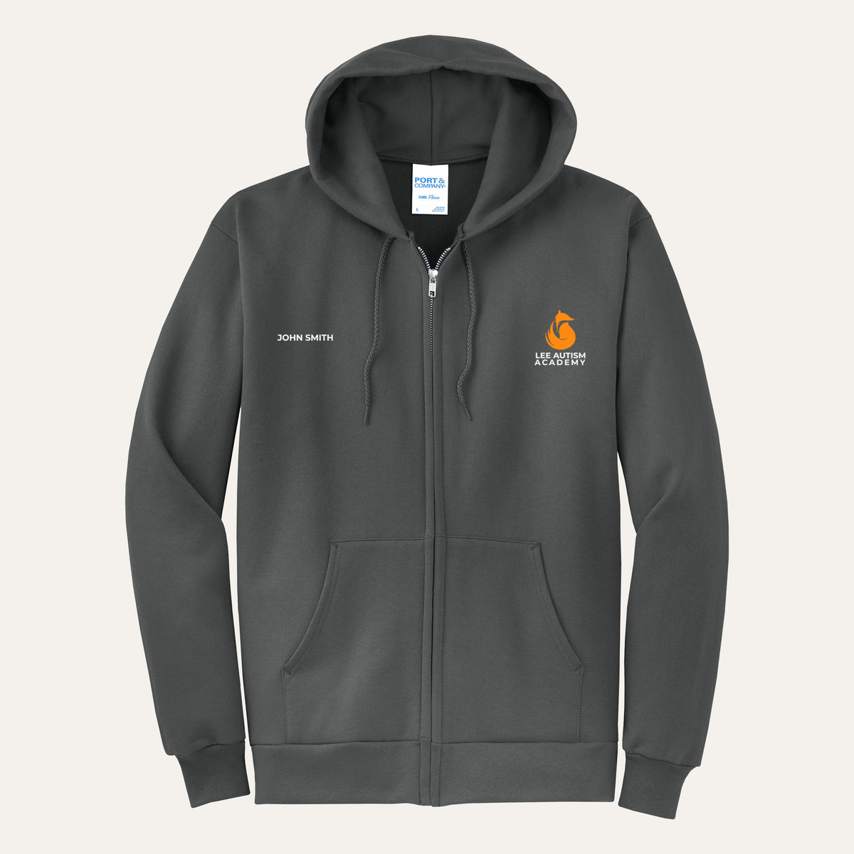 Charcoal adult full-zip hoodie with the orange Lee Autism Academy fox logo on the left chest and a custom name on the right chest