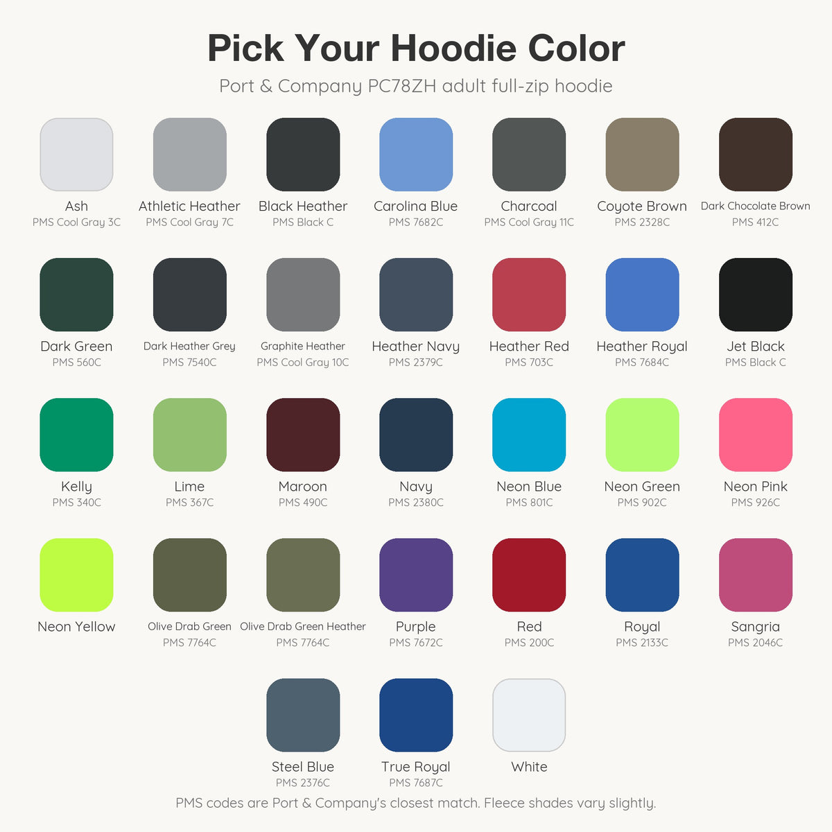 Color chart for the LAA adult zip hoodie: 31 Port & Company PC78ZH colors with PMS codes