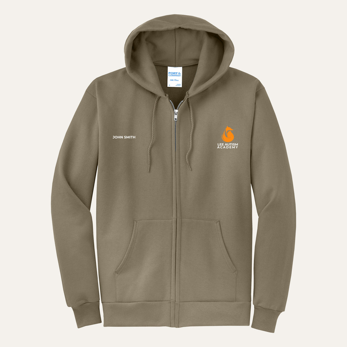 Coyote Brown adult full-zip hoodie with the orange Lee Autism Academy fox logo on the left chest and a custom name on the right chest