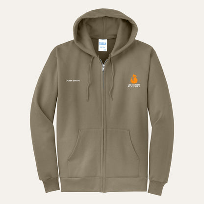 Coyote Brown adult full-zip hoodie with the orange Lee Autism Academy fox logo on the left chest and a custom name on the right chest