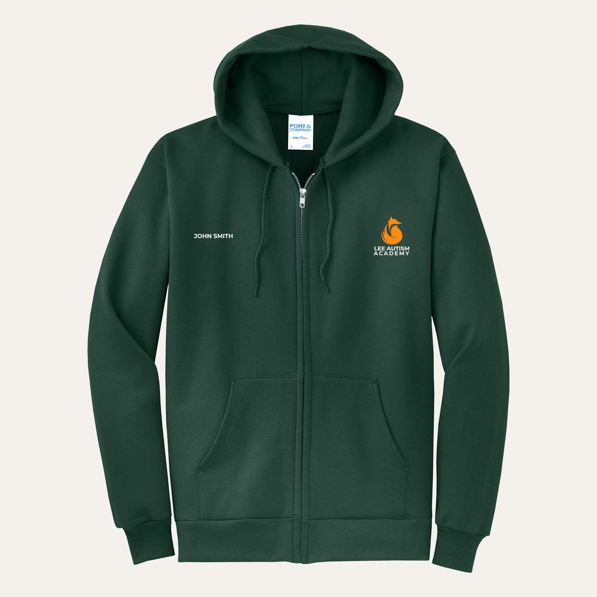 Dark Green adult full-zip hoodie with the orange Lee Autism Academy fox logo on the left chest and a custom name on the right chest