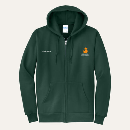 Dark Green adult full-zip hoodie with the orange Lee Autism Academy fox logo on the left chest and a custom name on the right chest