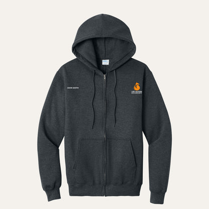 Dark Heather Grey adult full-zip hoodie with the orange Lee Autism Academy fox logo on the left chest and a custom name on the right chest