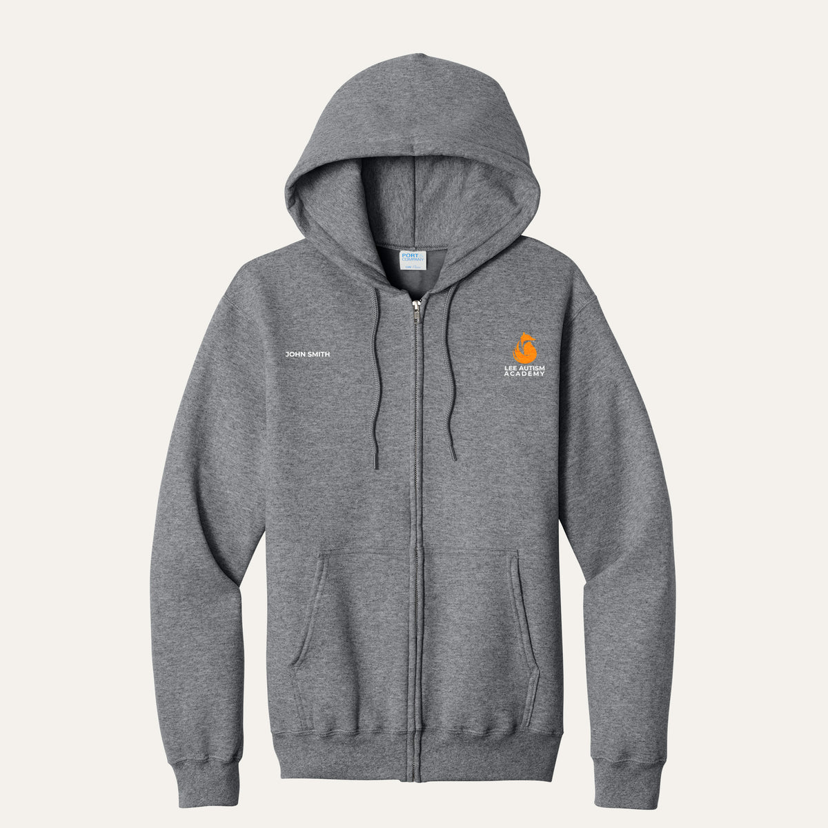 Graphite Heather adult full-zip hoodie with the orange Lee Autism Academy fox logo on the left chest and a custom name on the right chest