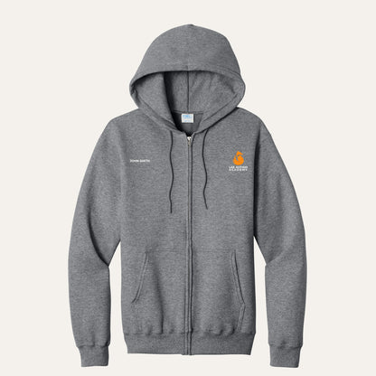 Graphite Heather adult full-zip hoodie with the orange Lee Autism Academy fox logo on the left chest and a custom name on the right chest