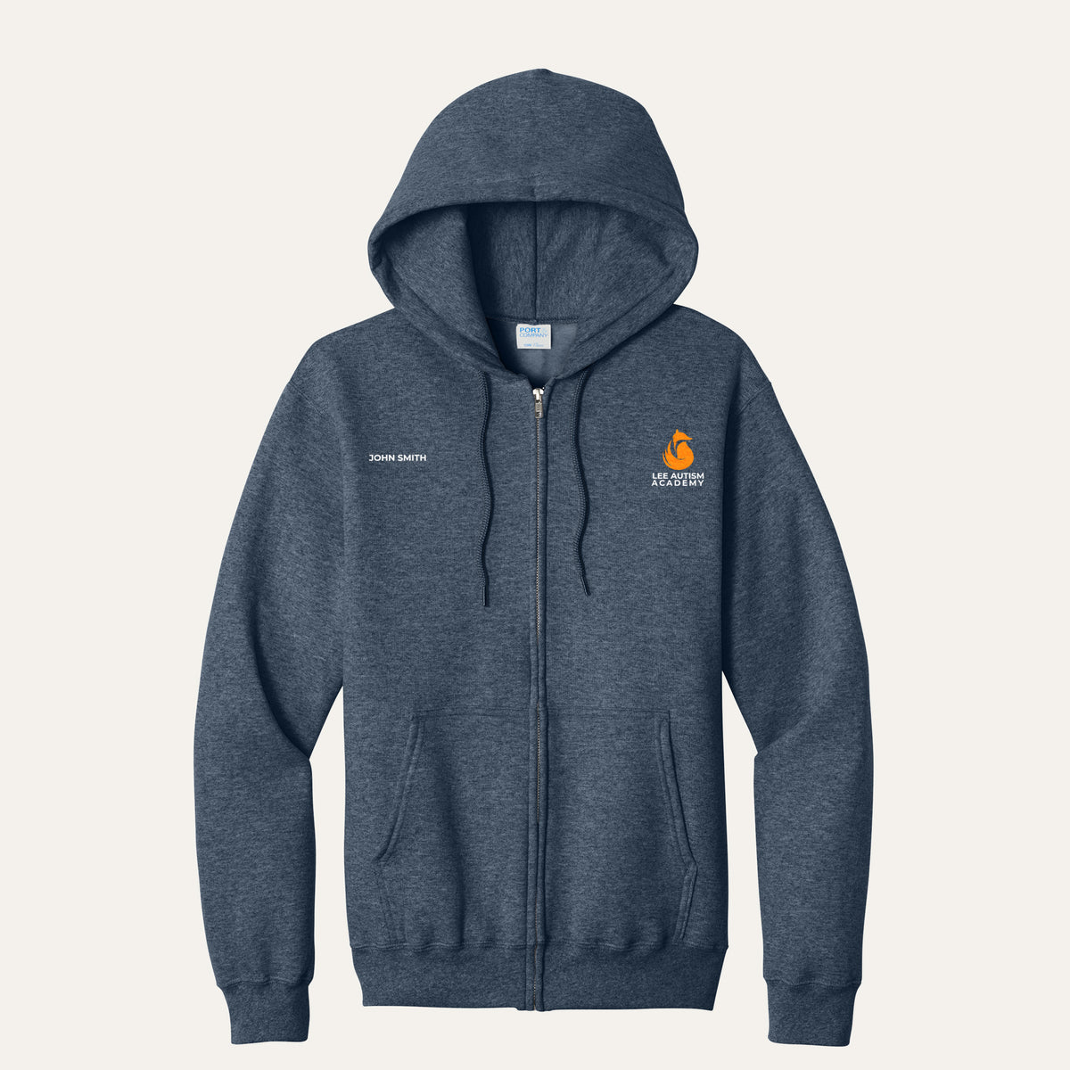Heather Navy adult full-zip hoodie with the orange Lee Autism Academy fox logo on the left chest and a custom name on the right chest