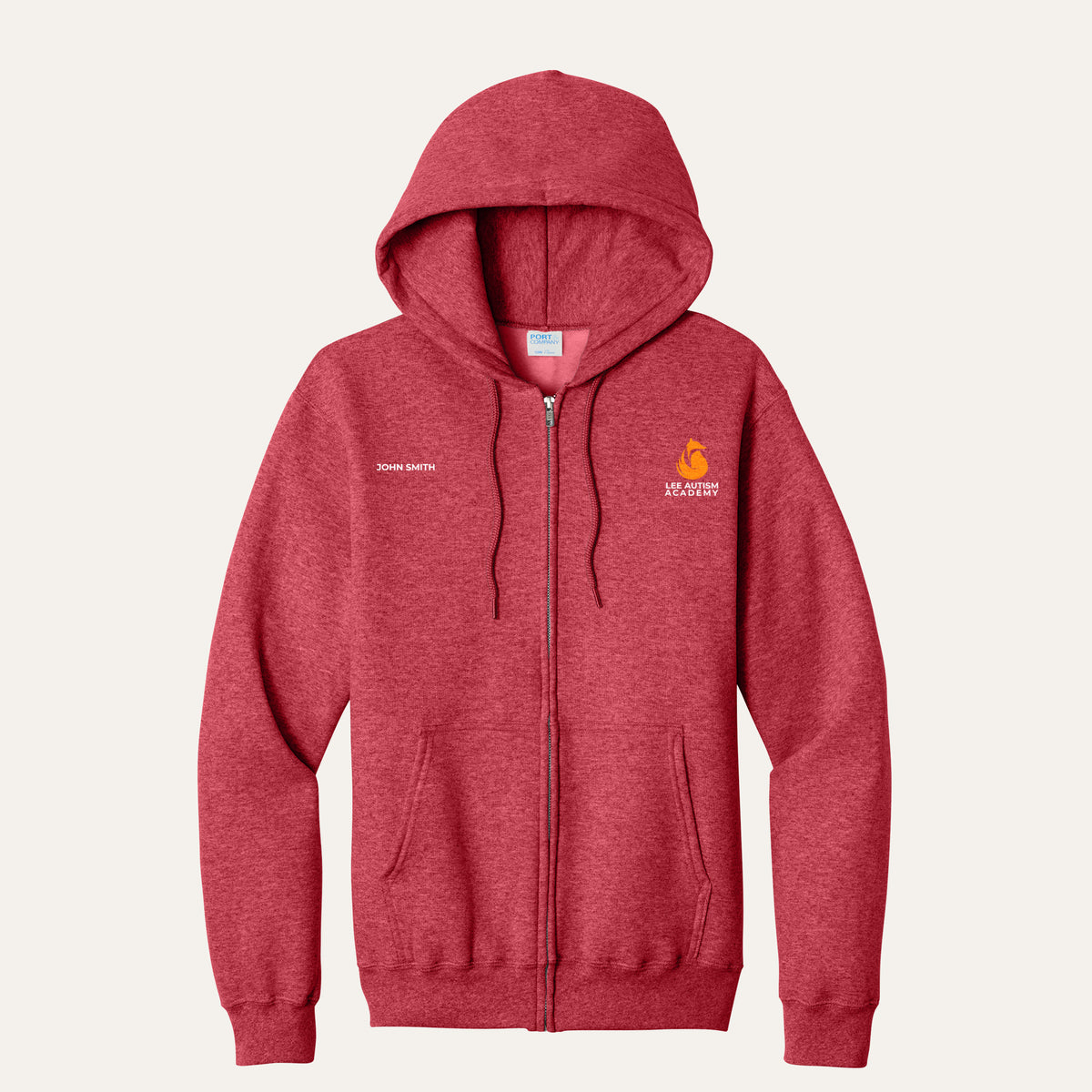 Heather Red adult full-zip hoodie with the orange Lee Autism Academy fox logo on the left chest and a custom name on the right chest