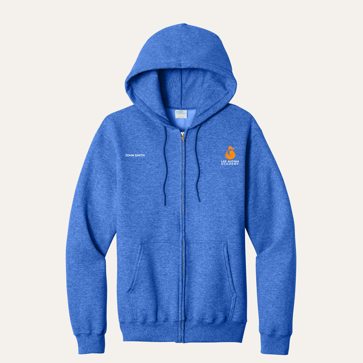 Heather Royal adult full-zip hoodie with the orange Lee Autism Academy fox logo on the left chest and a custom name on the right chest
