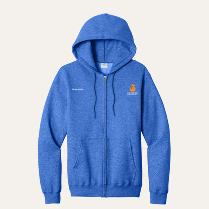 Heather Royal adult full-zip hoodie with the orange Lee Autism Academy fox logo on the left chest and a custom name on the right chest