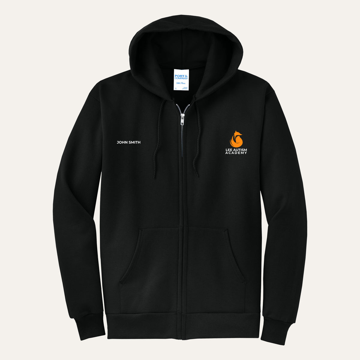 Jet Black adult full-zip hoodie with the orange Lee Autism Academy fox logo on the left chest and a custom name on the right chest