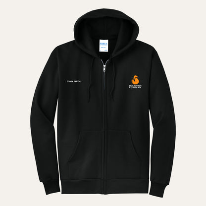 Jet Black adult full-zip hoodie with the orange Lee Autism Academy fox logo on the left chest and a custom name on the right chest