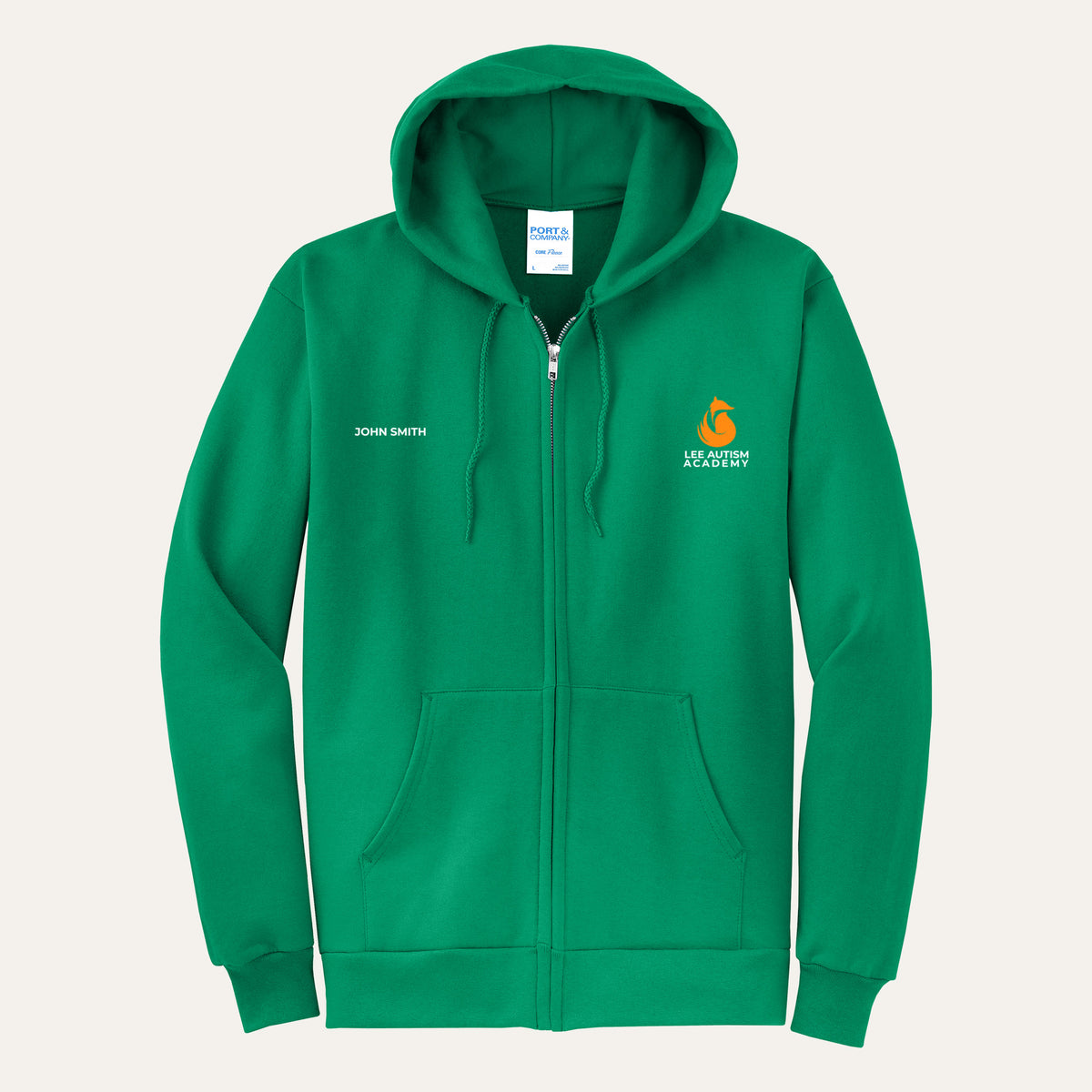 Kelly adult full-zip hoodie with the orange Lee Autism Academy fox logo on the left chest and a custom name on the right chest