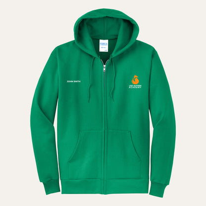 Kelly adult full-zip hoodie with the orange Lee Autism Academy fox logo on the left chest and a custom name on the right chest