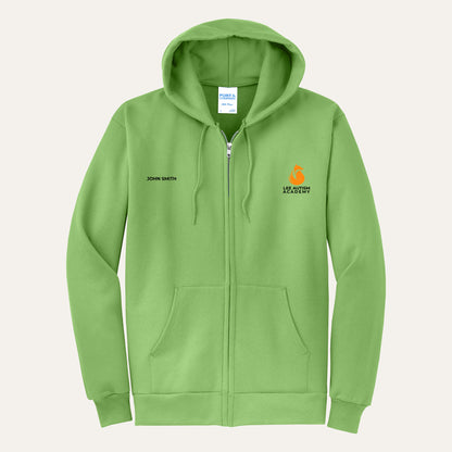 Lime adult full-zip hoodie with the orange Lee Autism Academy fox logo on the left chest and a custom name on the right chest