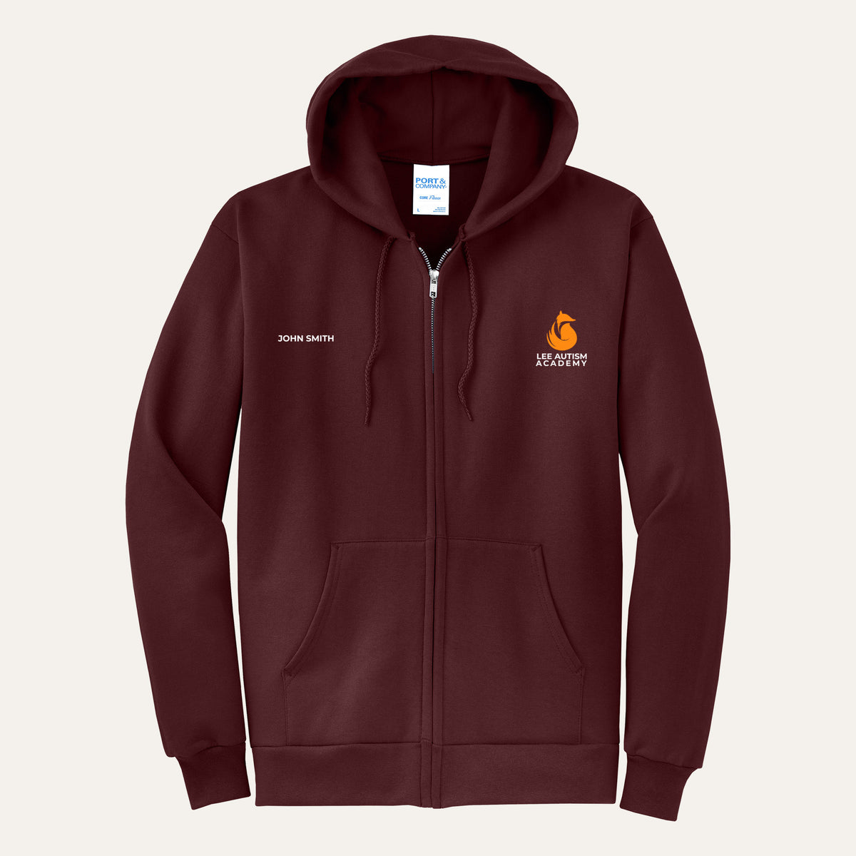 Maroon adult full-zip hoodie with the orange Lee Autism Academy fox logo on the left chest and a custom name on the right chest