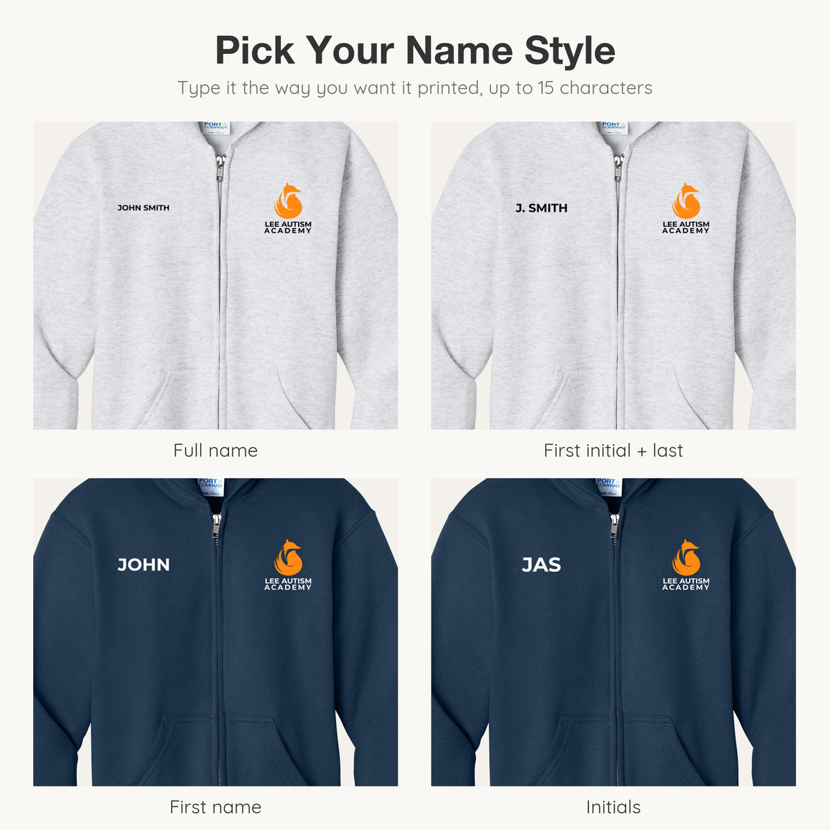 LAA zip hoodie name styles: full name, first initial and last name, first name, and initials on the right chest