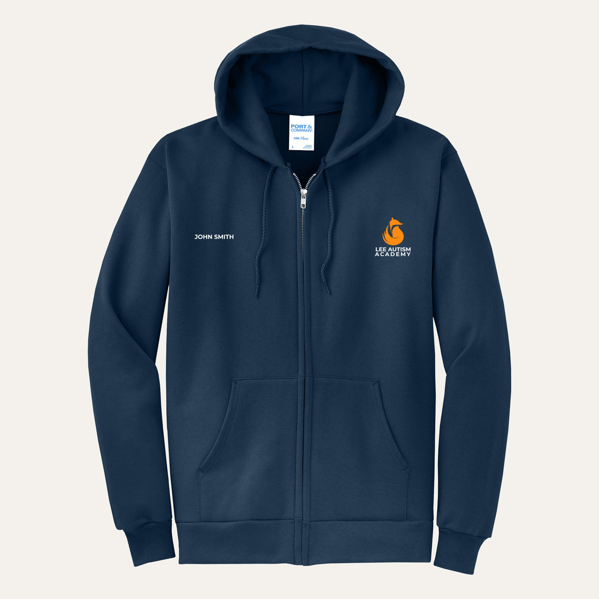 Navy adult full-zip hoodie with the orange Lee Autism Academy fox logo on the left chest and a custom name on the right chest