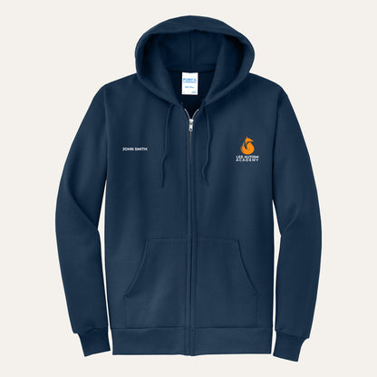 Navy adult full-zip hoodie with the orange Lee Autism Academy fox logo on the left chest and a custom name on the right chest