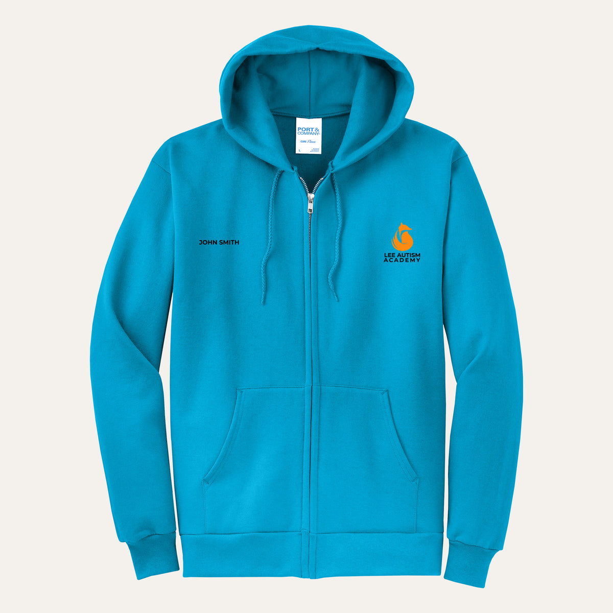 Neon Blue adult full-zip hoodie with the orange Lee Autism Academy fox logo on the left chest and a custom name on the right chest