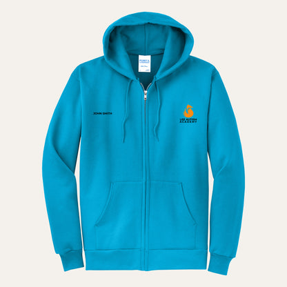 Neon Blue adult full-zip hoodie with the orange Lee Autism Academy fox logo on the left chest and a custom name on the right chest