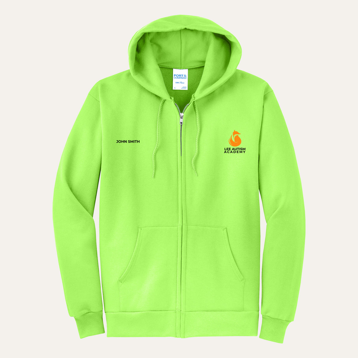Neon Green adult full-zip hoodie with the orange Lee Autism Academy fox logo on the left chest and a custom name on the right chest