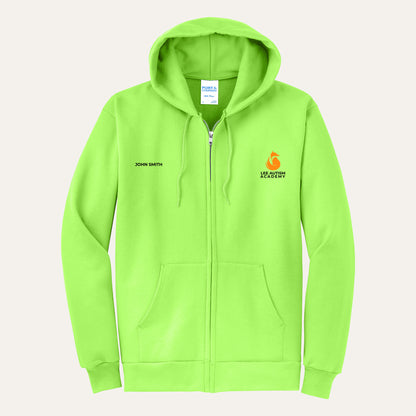 Neon Green adult full-zip hoodie with the orange Lee Autism Academy fox logo on the left chest and a custom name on the right chest