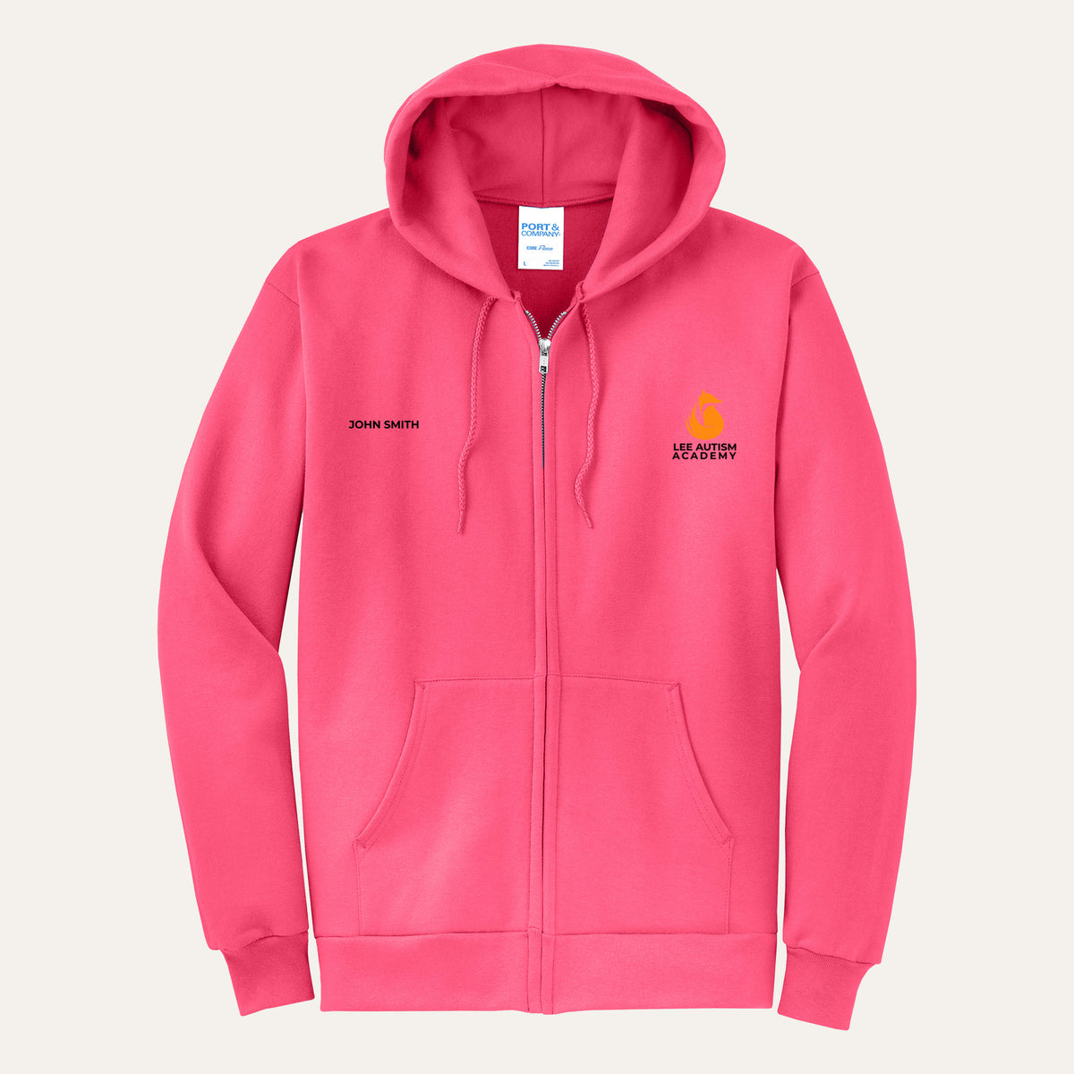 Neon Pink adult full-zip hoodie with the orange Lee Autism Academy fox logo on the left chest and a custom name on the right chest