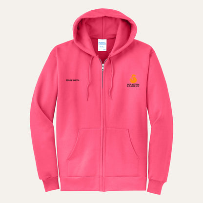 Neon Pink adult full-zip hoodie with the orange Lee Autism Academy fox logo on the left chest and a custom name on the right chest
