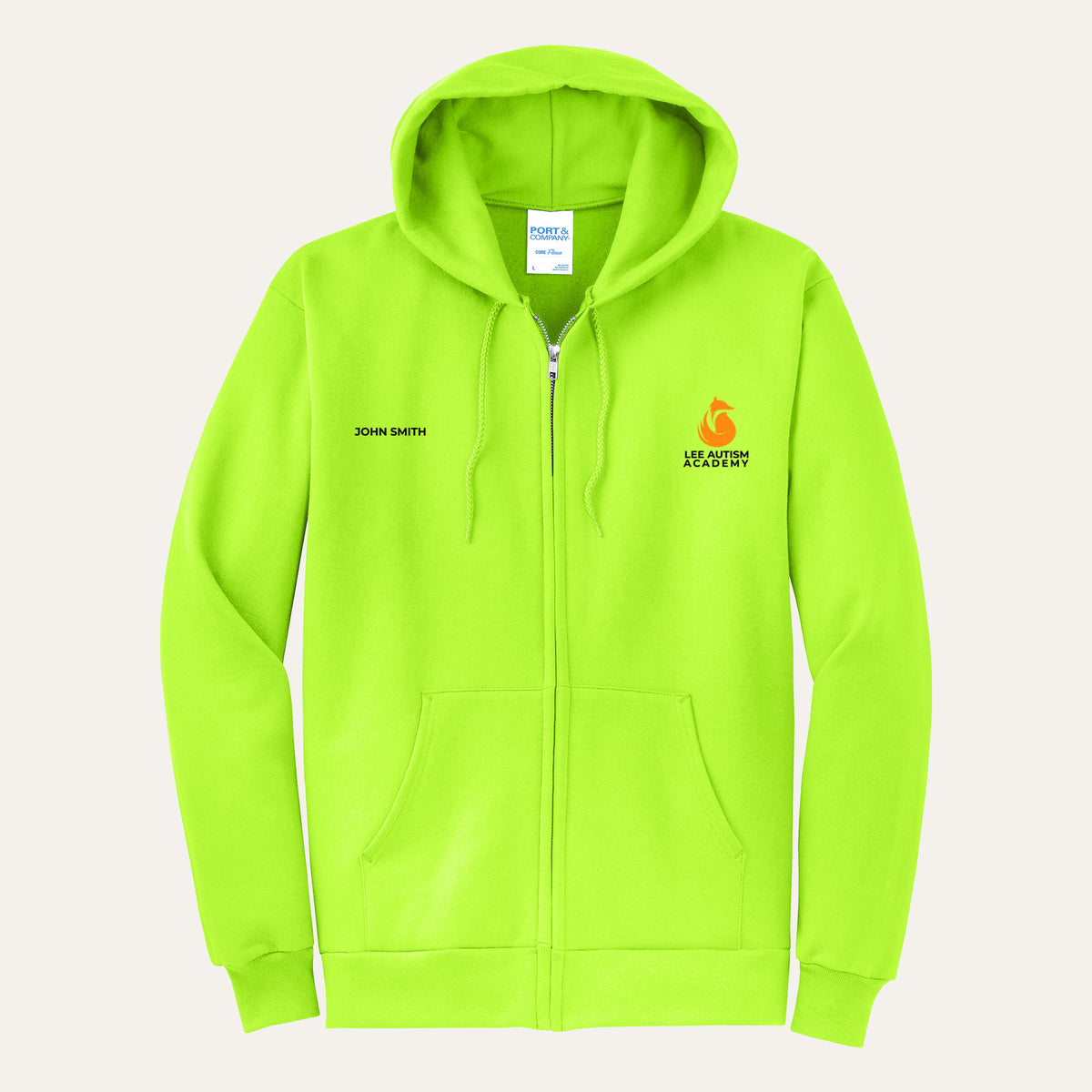 Neon Yellow adult full-zip hoodie with the orange Lee Autism Academy fox logo on the left chest and a custom name on the right chest