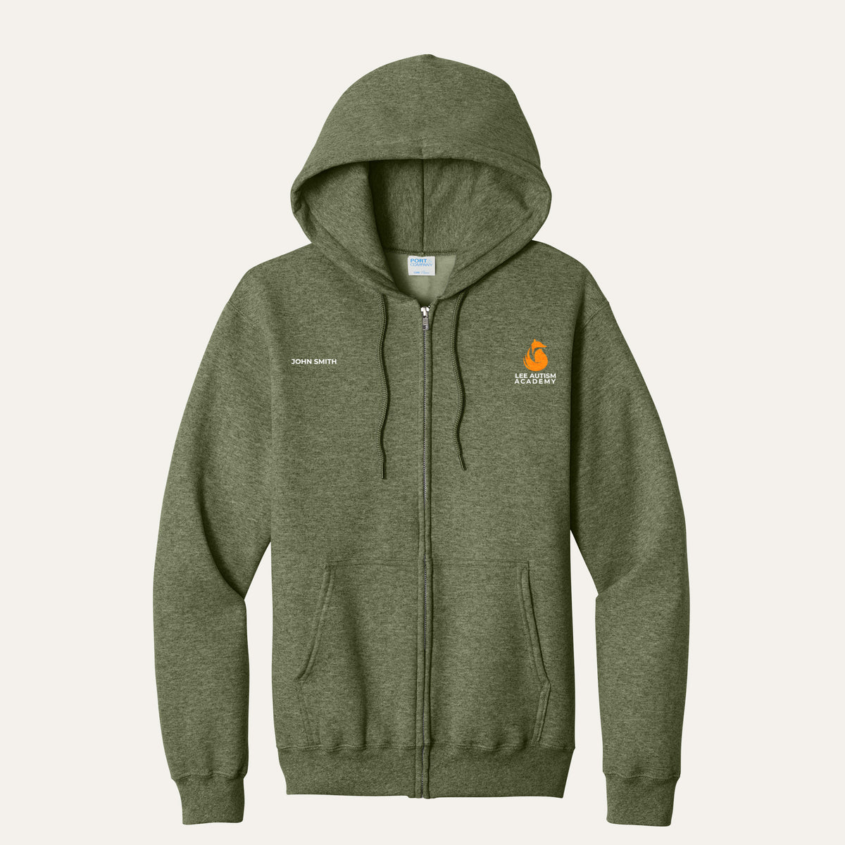 Olive Drab Green Heather adult full-zip hoodie with the orange Lee Autism Academy fox logo on the left chest and a custom name on the right chest