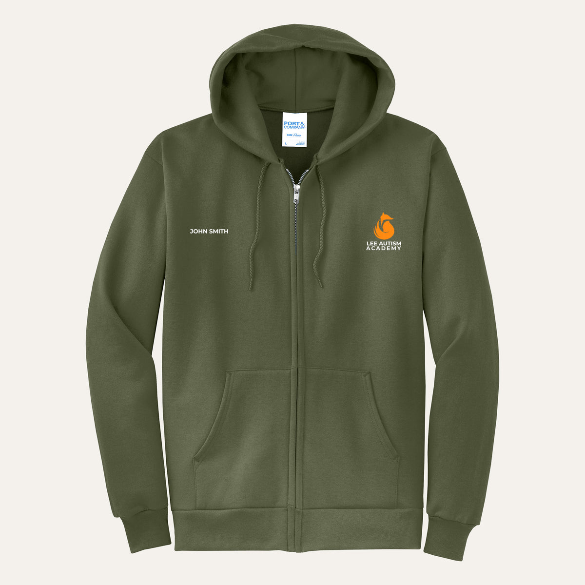 Olive Drab Green adult full-zip hoodie with the orange Lee Autism Academy fox logo on the left chest and a custom name on the right chest