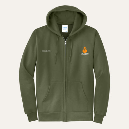 Olive Drab Green adult full-zip hoodie with the orange Lee Autism Academy fox logo on the left chest and a custom name on the right chest