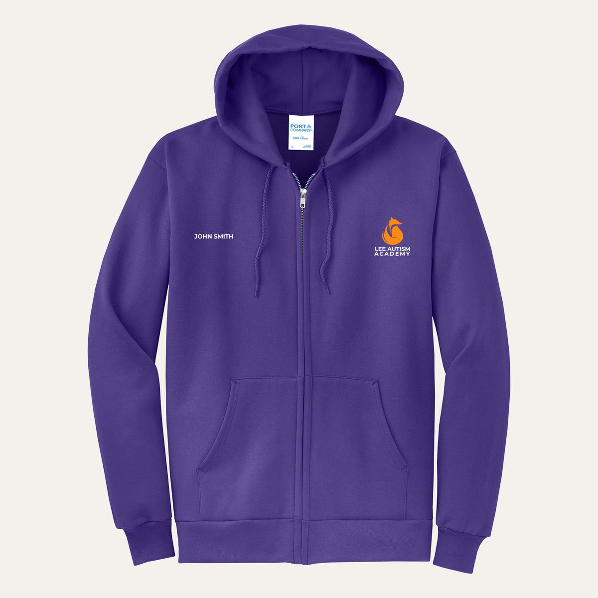 Purple adult full-zip hoodie with the orange Lee Autism Academy fox logo on the left chest and a custom name on the right chest