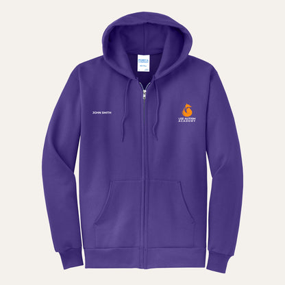 Purple adult full-zip hoodie with the orange Lee Autism Academy fox logo on the left chest and a custom name on the right chest